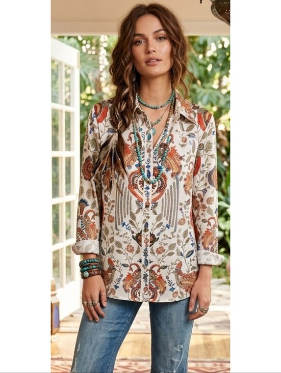 Rachel Zoe Tops - Rachel Zoe Button Down Peacock Print Blouse Cream Size L